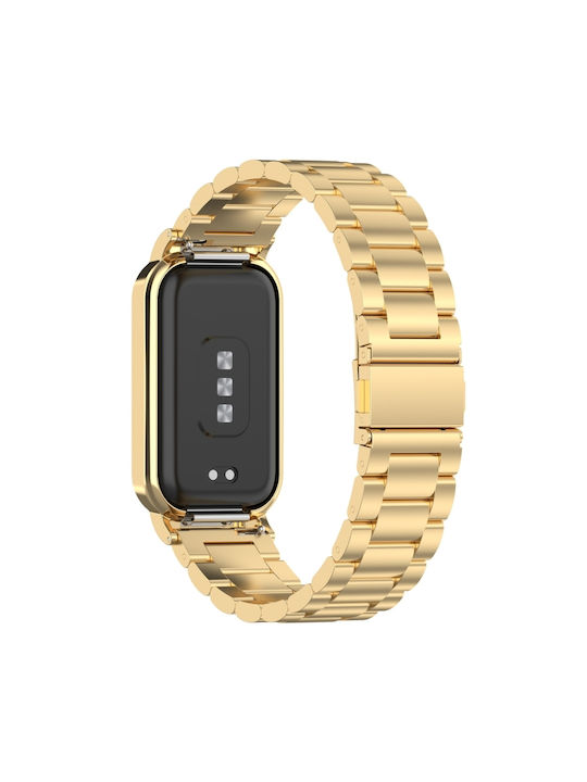 Xiaomi Smart Band 8 Active Three Bead Ανοξείδωτο Ατσάλι Ζώνη Ρολογιού + Μεταλλικό Πλαίσιο Ρολογιού Χρυσό