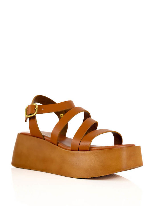 Tan Leather Cross-Strap Flatforms