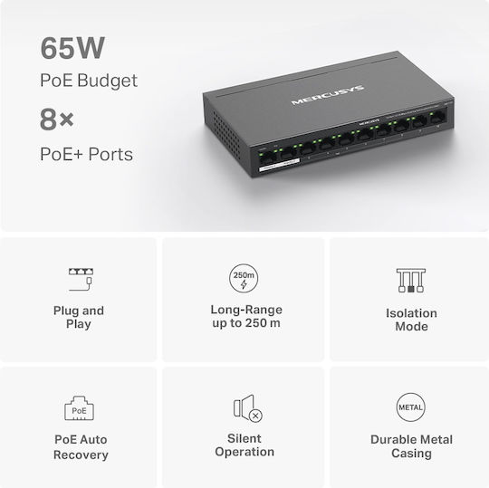 Mercusys MS110P Unmanaged L2 PoE+ Switch με 10 Θύρες Ethernet