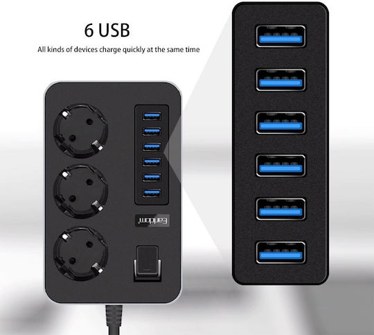 Cablu prelungitor 6 porturi USB 3 prize universale 3000W 3.1A 1.8m protecție pentru copii împământare 15.8x9.8x3.8 cm negru gri