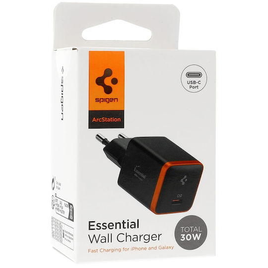 Spigen Charger Without Cable With USB-C Port 30W Quick Charge 3.0 Black (ArcStation Essential)