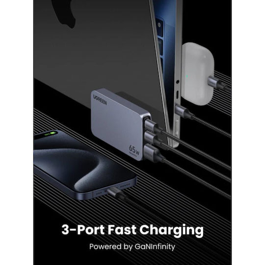 Ugreen Φορτιστής Χωρίς Καλώδιο GaN με Θύρα USB-A και 2 Θύρες USB-C 65W Power Delivery Γκρι (Nexode Pro)