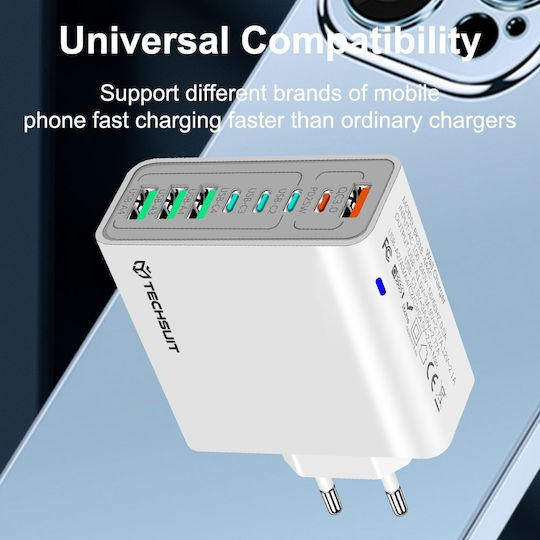 Techsuit Charger Without Cable with 4 USB-A Ports and 4 USB-C Ports 65W Power Delivery / Quick Charge 3.0 Whites (CHPD224)