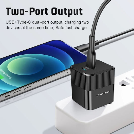 Techsuit Charger Without Cable GaN with USB-A Port and USB-C Port 25W Power Delivery / Quick Charge 3.0 Blacks (CHPD216)