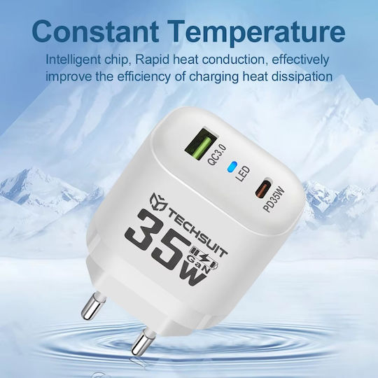 Techsuit Charger Without Cable GaN with USB-A Port and USB-C Port 35W Power Delivery / Quick Charge 3.0 Whites (CHPD174)