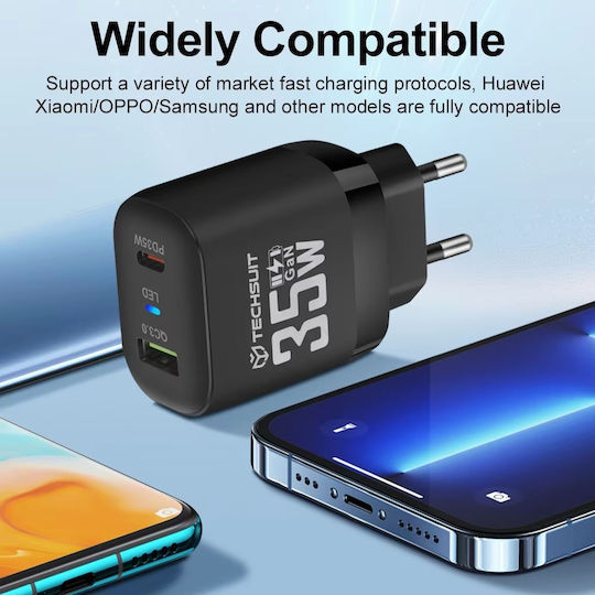 Techsuit Charger Without Cable GaN with USB-A Port and USB-C Port 35W Power Delivery / Quick Charge 3.0 Blacks (CHPD174)