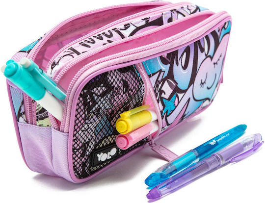 Yolo Pencil Case with 3 Compartments Pink