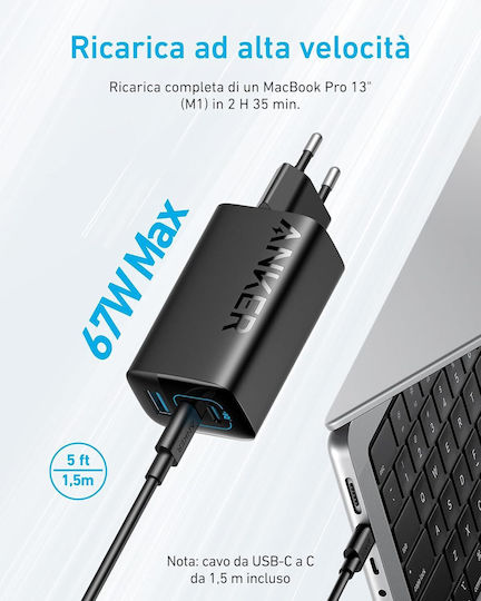 Anker Ladegerät mit USB-A Anschluss und 2 USB-C Anschlüsse und Kabel USB-C - USB-C 67W Schwarzs (335)
