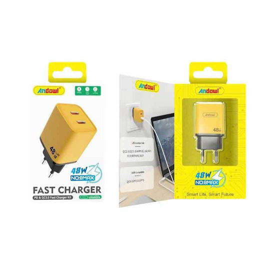 Andowl Φορτιστής Χωρίς Καλώδιο με 2 Θύρες USB-C 48W Κίτρινος (FDMAX8)
