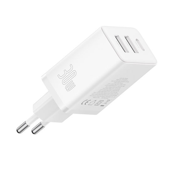 Baseus GaN Wireless Charger with 2 USB-A Output Ports and USB-C Output Port 30W Power Delivery White (Cube Trio)