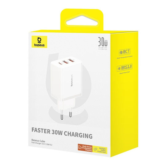 Baseus GaN Wireless Charger with 2 USB-A Output Ports and USB-C Output Port 30W Power Delivery White (Cube Trio)