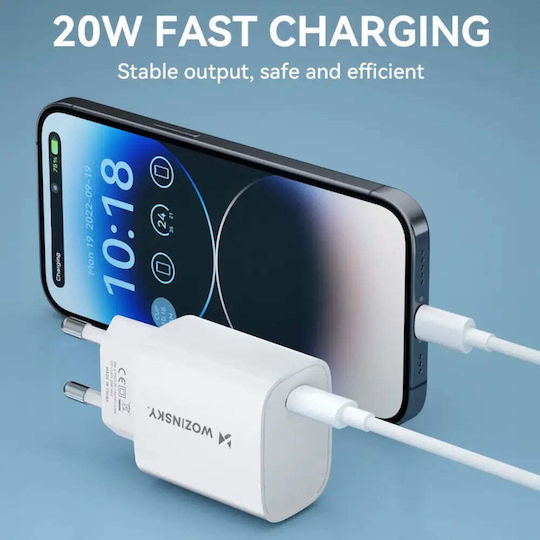 Wozinsky Charger Without Cable with USB-C Port 20W Power Delivery / Quick Charge 3.0 Whites (WGWCCW)