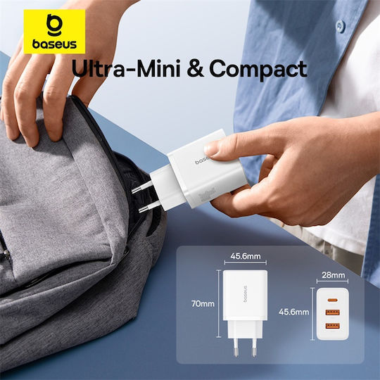 Baseus GaN Wireless Charger with 2 USB-A Output Ports and USB-C Output Port 30W Power Delivery White (Cube Trio)