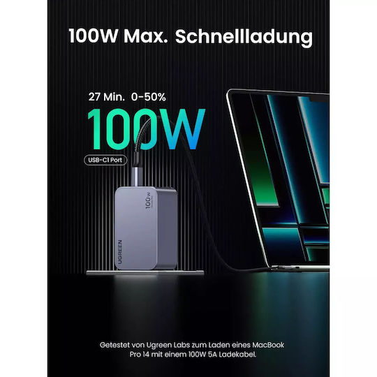 Ugreen Charger GaN with USB-A Port and 2 USB-C Ports and Cable USB-C - USB-C 100W Power Delivery / Quick Charge 4+ Gray (Nexode Pro)