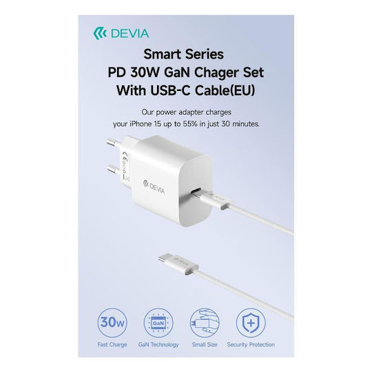 Devia Charger with USB-C Port and Cable USB-C - USB-C 30W Power Delivery White (RCE-3005CL)