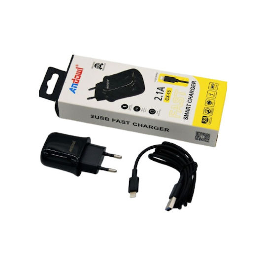 Andowl Φορτιστής με 2 Θύρες USB-A και Καλώδιο Lightning Μαύρος (CX-15)