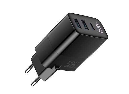 Havit Ladegerät ohne Kabel GaN mit 2 USB-A Anschlüsse und USB-C Anschluss 30W Schnellaufladung 2.0 / Schnellaufladung 3.0 Schwarzs (UCLE001)