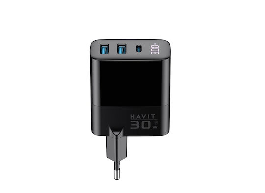 Havit Ladegerät ohne Kabel GaN mit 2 USB-A Anschlüsse und USB-C Anschluss 30W Schnellaufladung 2.0 / Schnellaufladung 3.0 Schwarzs (UCLE001)