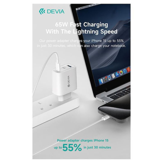 Devia Charger Without Cable GaN with USB-A Port and 2 USB-C Ports 65W Power Delivery Whites (Extreme Speed Series)