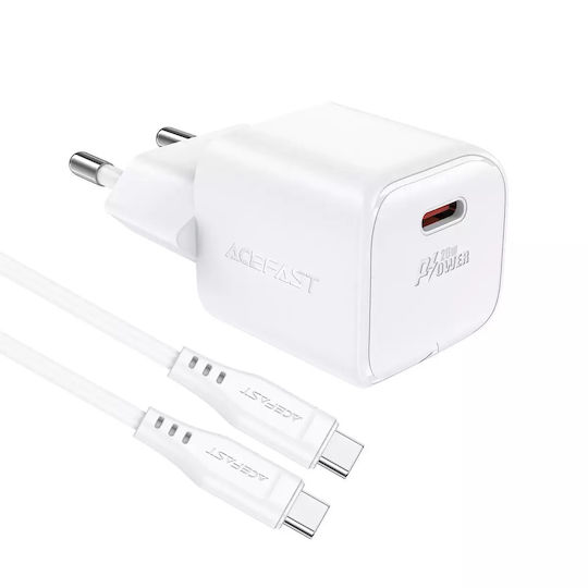 Acefast Φορτιστής GaN με Θύρα USB-C και Καλώδιο USB-C - USB-C 20W Power Delivery / Quick Charge 2.0 / Quick Charge 3.0 / Quick Charge 4+ Λευκός (A73)