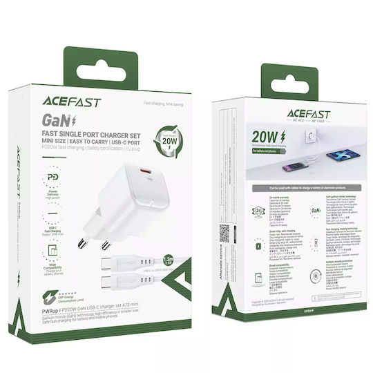 Acefast Φορτιστής GaN με Θύρα USB-C και Καλώδιο USB-C - USB-C 20W Power Delivery / Quick Charge 2.0 / Quick Charge 3.0 / Quick Charge 4+ Λευκός (A73)