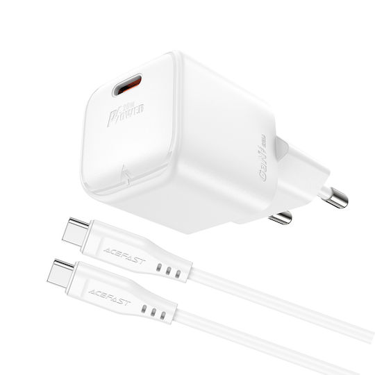 Acefast Φορτιστής GaN με Θύρα USB-C και Καλώδιο USB-C - USB-C 20W Power Delivery / Quick Charge 2.0 / Quick Charge 3.0 / Quick Charge 4+ Λευκός (A73)