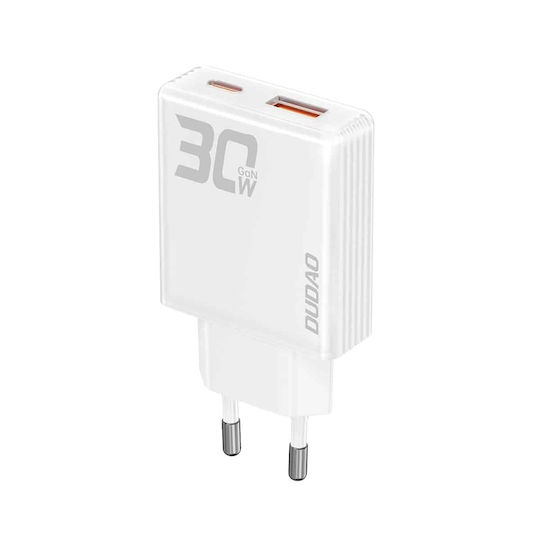Dudao Φορτιστής Χωρίς Καλώδιο GaN με Θύρα USB-A και Θύρα USB-C 30W Power Delivery / Quick Charge 3.0 Λευκός (A30EU)
