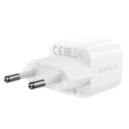 Acefast Φορτιστής GaN με Θύρα USB-C και Καλώδιο USB-C - USB-C 20W Power Delivery / Quick Charge 2.0 / Quick Charge 3.0 / Quick Charge 4+ Λευκός (A73)