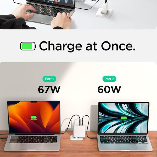 Spigen Φορτιστής Χωρίς Καλώδιο GaN με 2 Θύρες USB-C 140W Power Delivery Λευκός (ArcStation Pro GaN-1402)