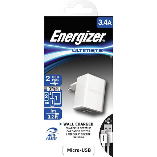 Energizer с 2 USB-A порта и кабел micro USB Бял (ACW2CEUUMC3)