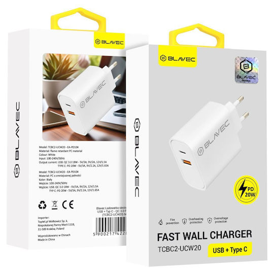 Blavec Ladegerät ohne Kabel mit USB-A Anschluss und USB-C Anschluss 20W Stromlieferung / Schnellaufladung 3.0 Weißs (Blavec TCBC2-UCW20)