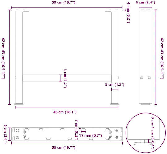 vidaXL Metallic Furniture Leg 2 Pieces Suitable for Table / Coffee Table 50x42x42cm Natural