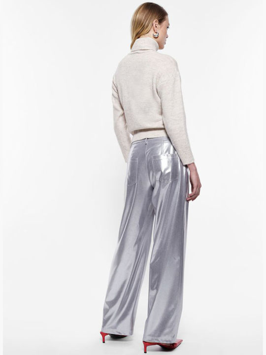 Damen Stoff Hose in Weitem Schnitt Silber