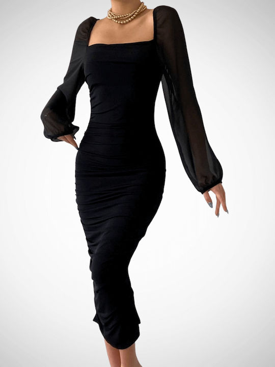 Midi Abendkleid mit Tüll Schwarz