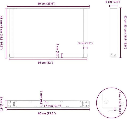 vidaXL Metallic Furniture Leg 2 Pieces Suitable for Table / Coffee Table 60x42cm White