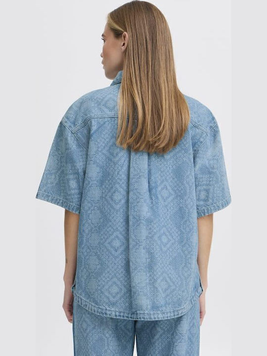 Kurzärmelig Damen Denim Hemd Light Blue Denim