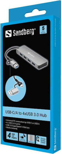 Sandberg 4-Port USB 3.0 Hub with USB-A Connection Gray