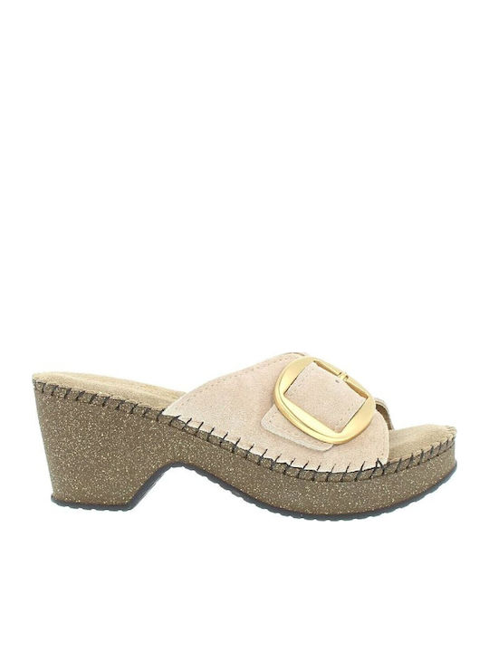 Leather Mules with Chunky High Heel in Beige Color