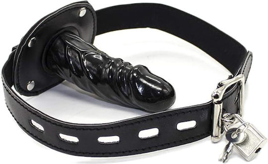 SMD Lockable Mouth Gag Dildo, кожен колан с Намордник в Черен Цвят