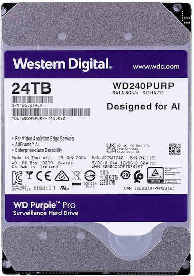 Western Digital 24TB HDD Hard Drive 3.5" SATA III 7200rpm with 512MB Cache for Recorder WD240PURP
