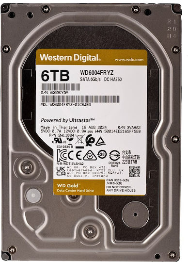 Western Digital Gold 6TB HDD Hard Drive 3.5" SATA III 7200rpm with 256MB Cache for NAS / Server WD6004FRYZ
