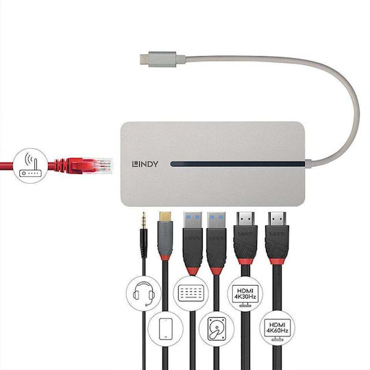 Lindy USB-C Docking Station with HDMI 4K PD Ethernet and Support for 2 Monitors Gray (43360)
