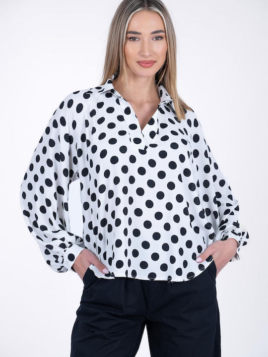 MyCesare Women's Polka Dot Long Sleeve Shirt White