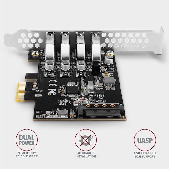 Axagon Κάρτα PCIe σε 4 θύρες USB 3.2