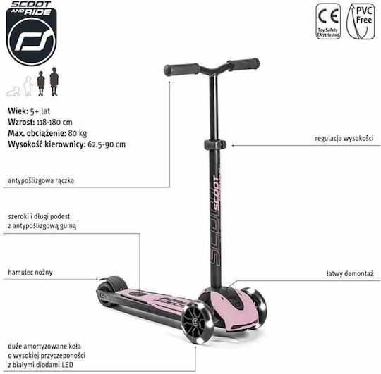 Scoot & Ride Trotinetă Copii Pliabilă Highwaykick 5 Led cu 3 Roți pentru 5+ Ani Roz