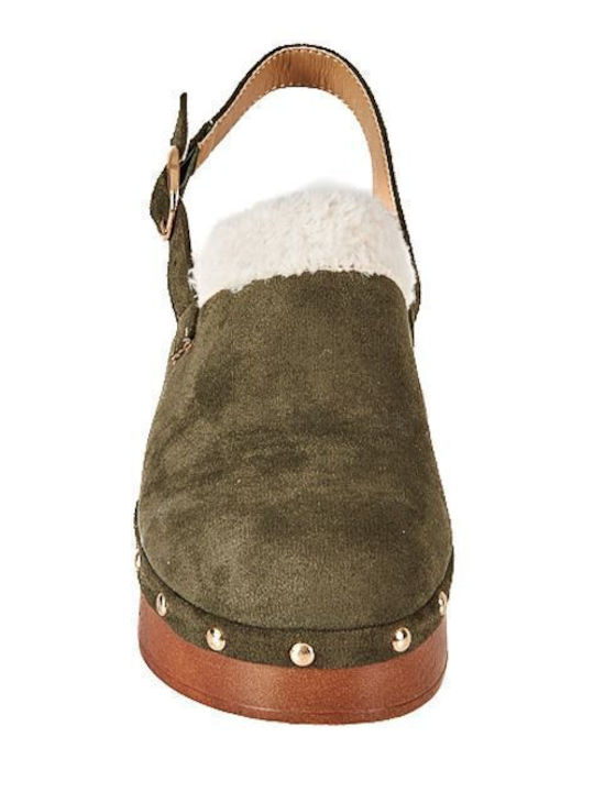 Suede Mules με Χοντρό Χαμηλό Τακούνι σε Πράσινο Χρώμα