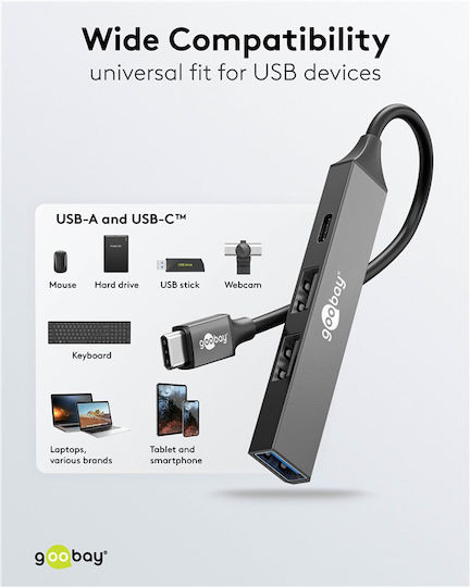 Goobay Hub 4 Θυρών USB 3.2 με σύνδεση USB-C Γκρι