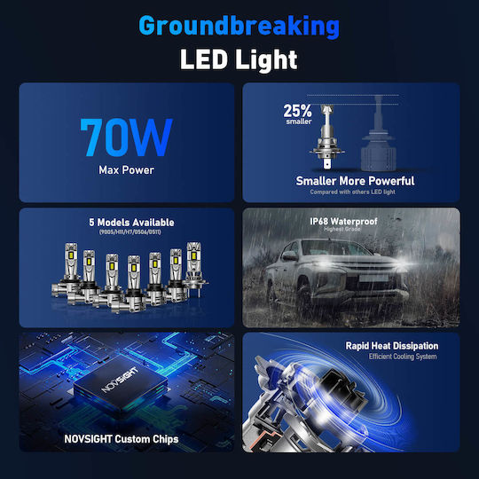 NovSight Lamps Car & Motorcycle H7 LED 6500K Cold White 12-24V 70W 2pcs