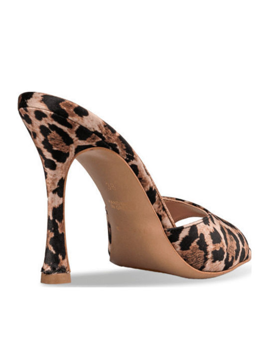 Satin Mules with Thin High Heel in Brown Color