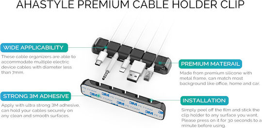 Ahastyle Jppt125 Organizer & Cable Holder Cable Organizer 5 Slots & Cable Clip Helps with Cable Management Office Car USB Cable Power Cable/Wire Black